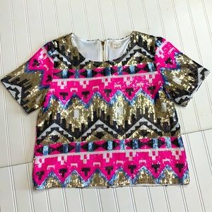 Tea & Cup Sz S Zip Sequin Aztec Tribal Zip Back Top Blouse Bling